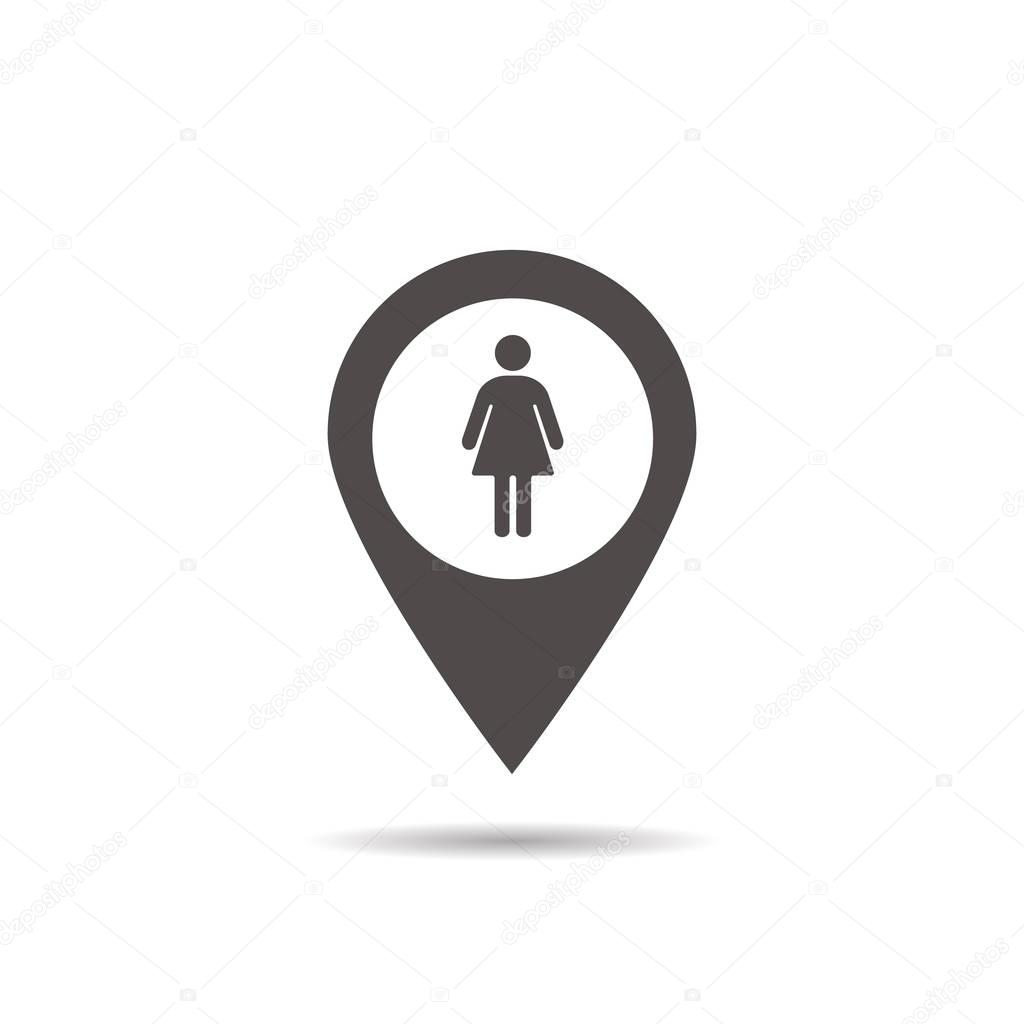 Ladies WC location icon. Drop shadow map pointer silhouette symbol. Woman's restroom pinpoint. Vector isolated illustration