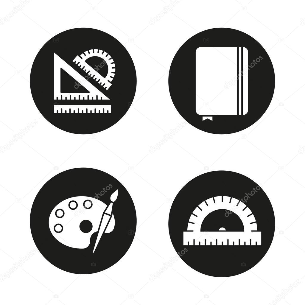 School and education icons set. Stationery items. School rulers, diary notebook, palette with brush. Vector white silhouettes illustrations in black circles