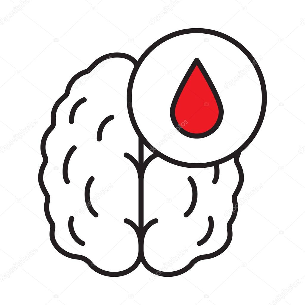 Stroke linear icon. Thin line illustration. Human brain with blood drop. Cerebral hemorrhage contour symbol. Vector isolated outline drawing
