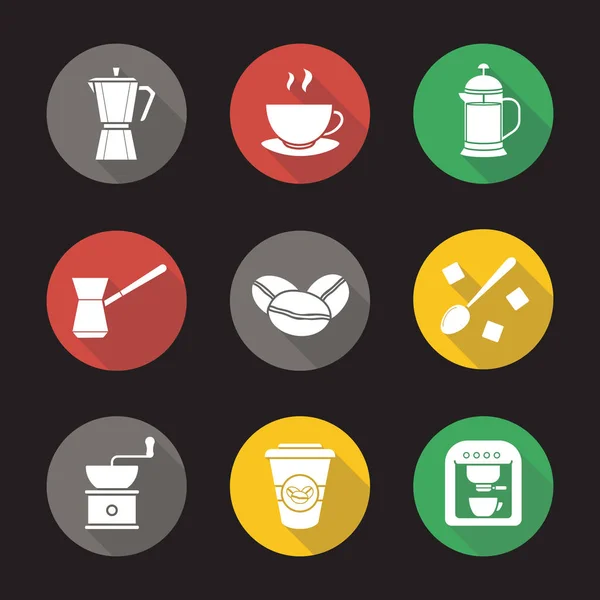 Kaffe platt design lång skugga ikoner set — Stock vektor