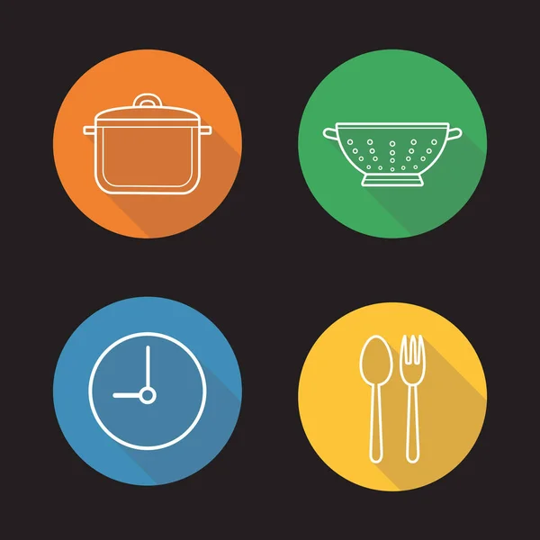 Mealtime conjunto de ícones de sombra longa linear plana —  Vetores de Stock