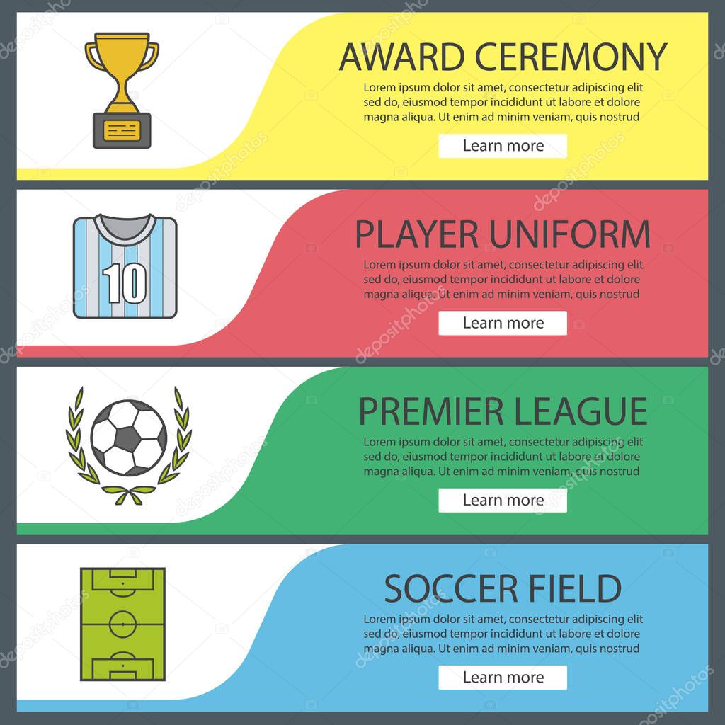 Soccer banner templates set. Football player uniform, winner's gold cup, ball in laurel wreath, soccer field. Website menu items. Color web banners. Vector  illustration