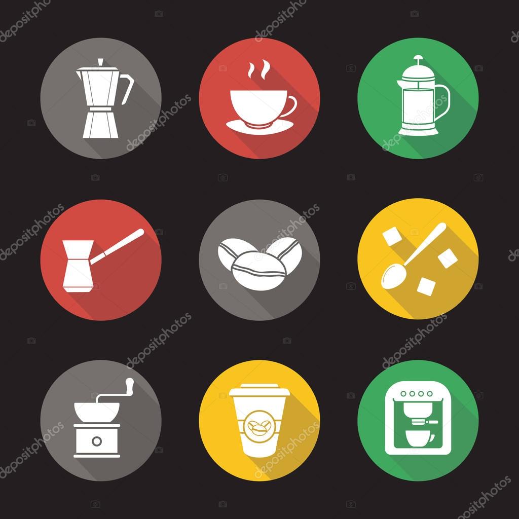 Coffee flat design long shadow icons set. Espresso machine, classic coffee maker, steaming mug on plate, french press, turkish cezve, spoon with sugar cubes, hand mill. Vector silhouette illustration