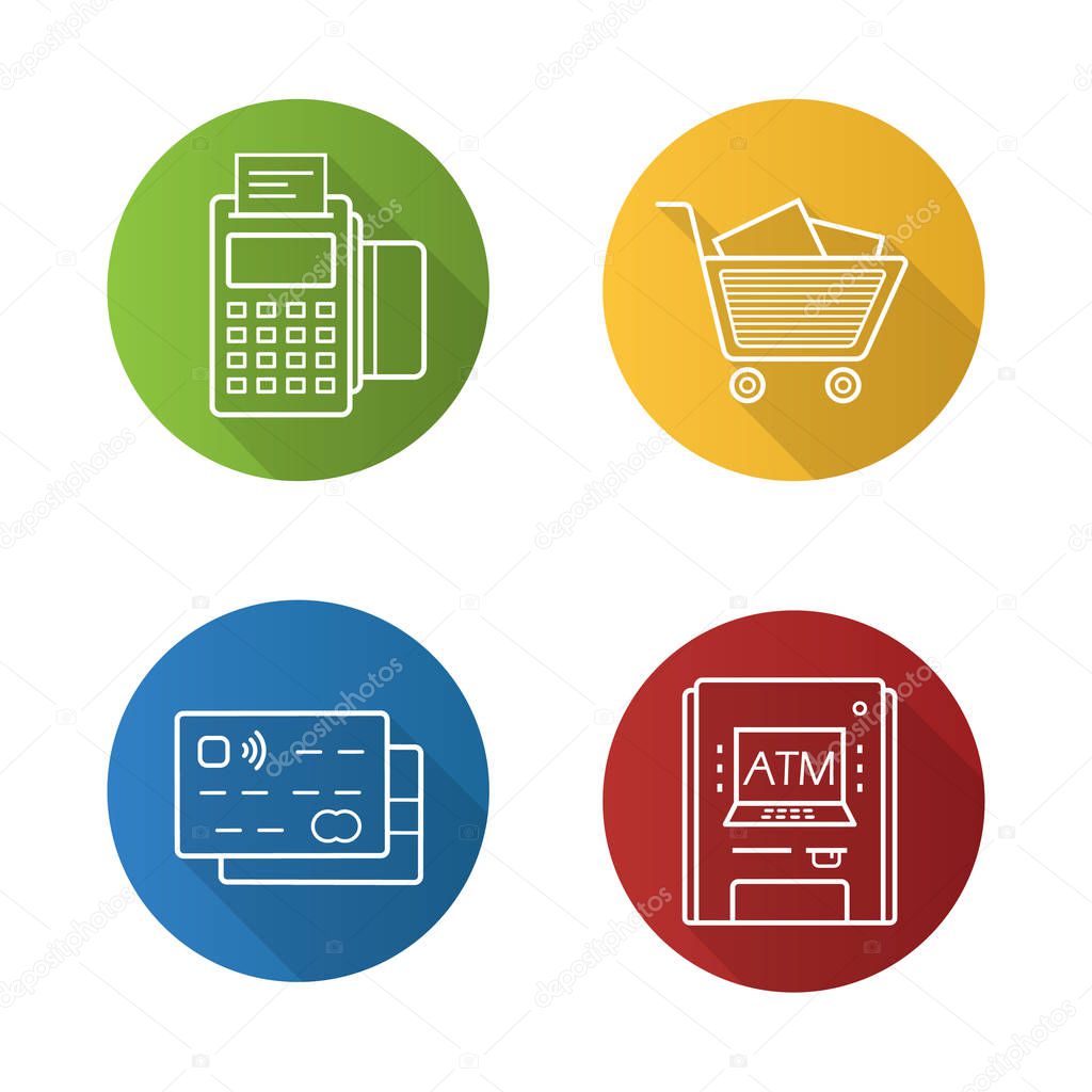 Supermarket flat linear long shadow icons set. Credit cards, pos terminal, bank atm machine, supermarket shopping cart with boxes. Vector illustration