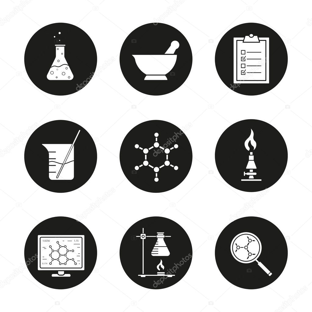 Chemical laboratory icons set. Chemical reaction, mortar and pestle, test checklist, beaker with rod, molecular structure, lab burner, flask. Vector illustration