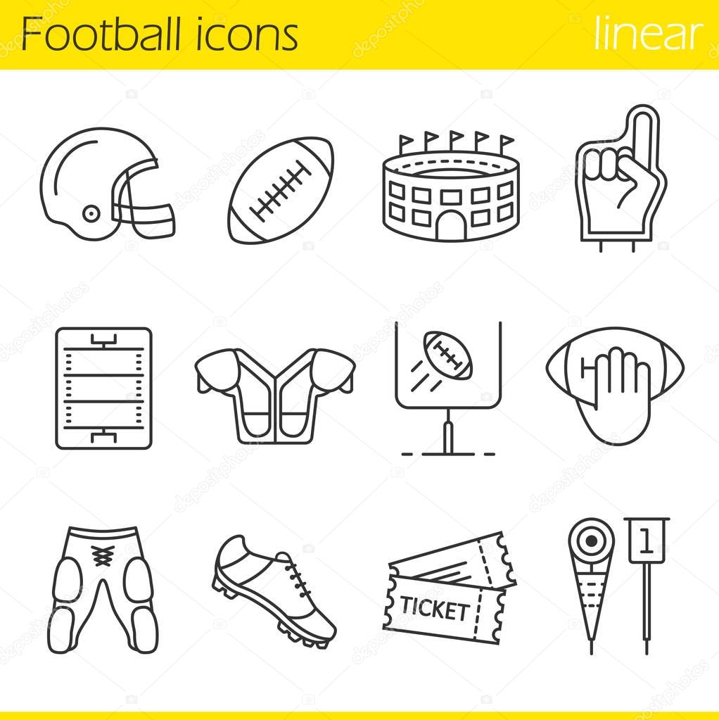 American football linear icons set. Helmet, shoulder pad, ball, shorts, Hand holding ball, goal sign,foam finger, game tickets, arena. Thin line contour symbols. Isolated vector illustration