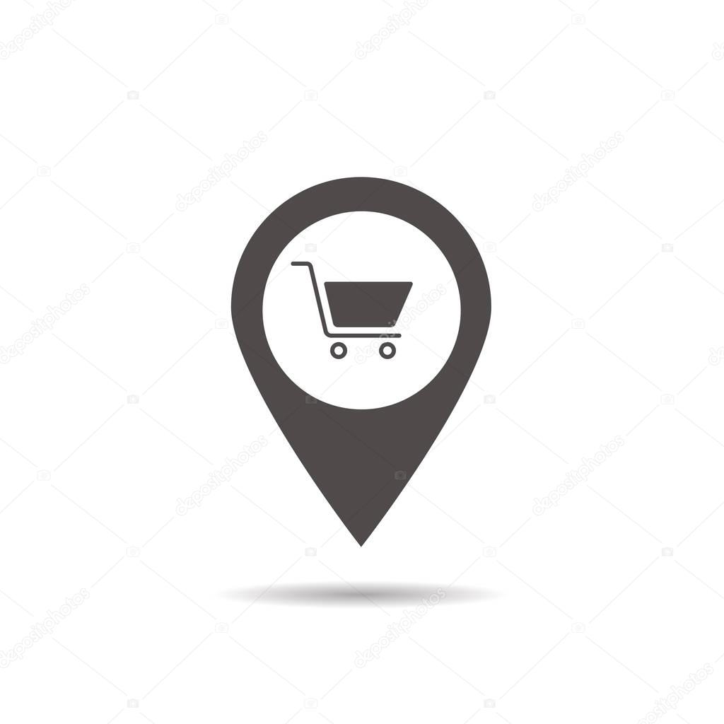 Supermarket location icon. Drop shadow map pointer silhouette symbol. Shopping cart pinpoint. Grocery store nearby. Vector illustration