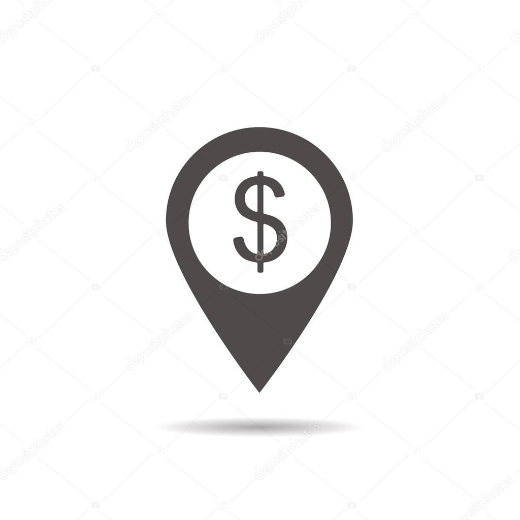 Bank atm location icon. Drop shadow map pointer silhouette symbol. Dollar sign pinpoint. Money exchange nearby. Vector illustration