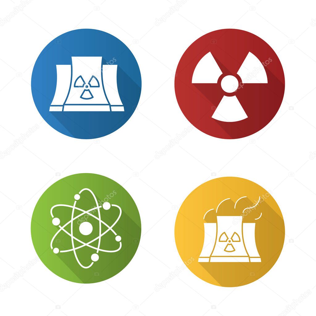 Atomic energy flat design long shadow icons set. Nuclear power plant with smoke, radiation and atom symbols. Vector illustration