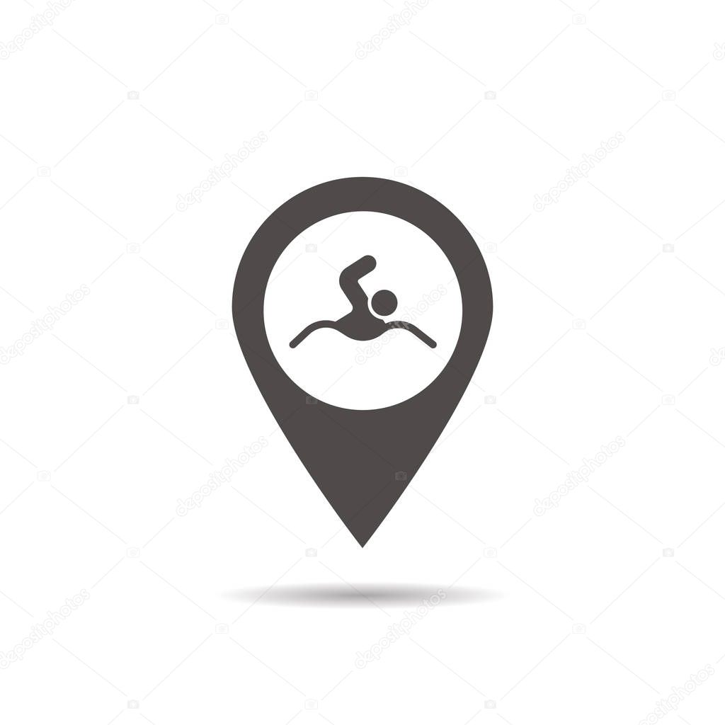Swimming pool location icon. Drop shadow map pointer silhouette symbol. Swimming man pinpoint. Beach nearby. Vector illustration