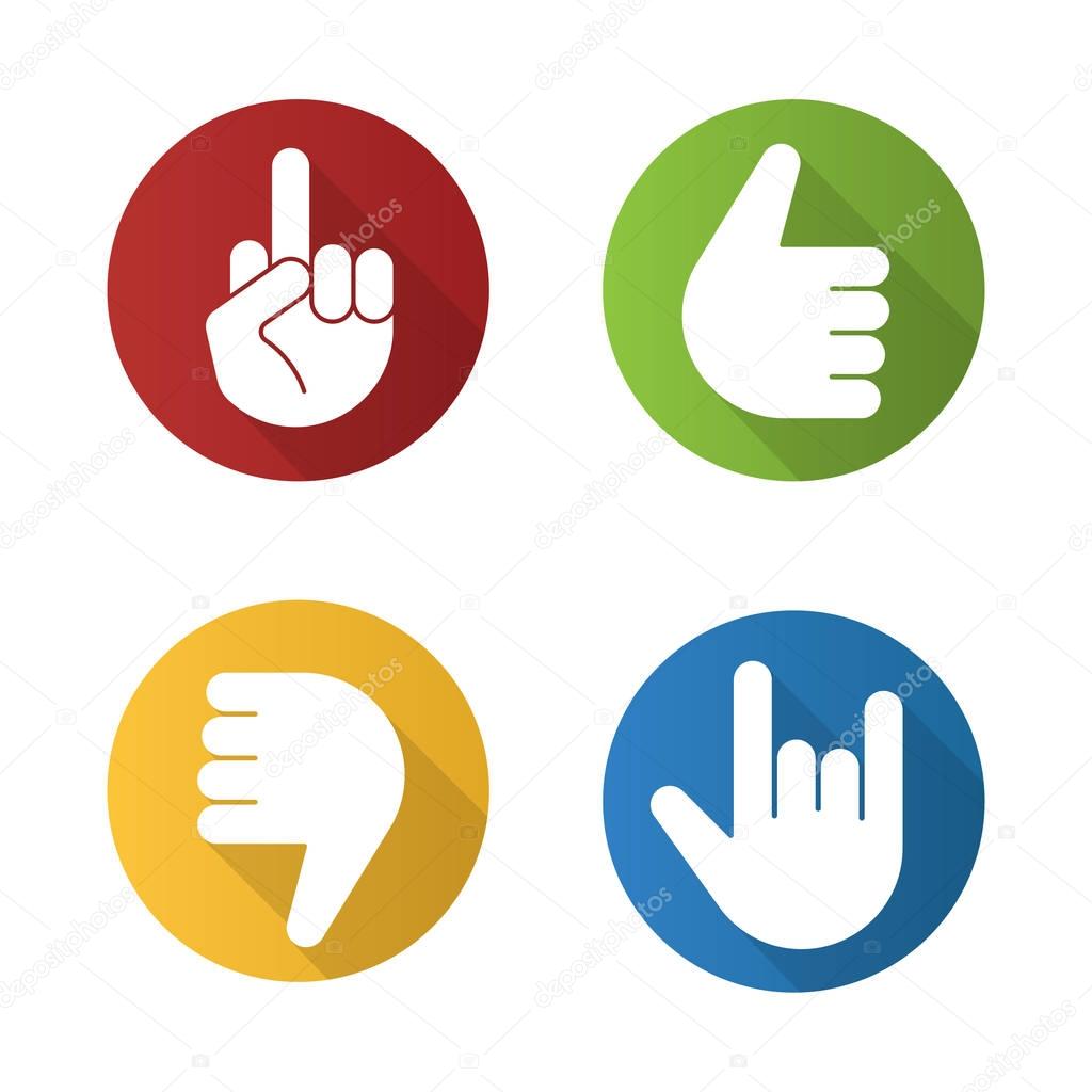 Hand gestures flat design long shadow icons set. Thumbs up, dislike, heavy metal, middle finger up. Vector illustration