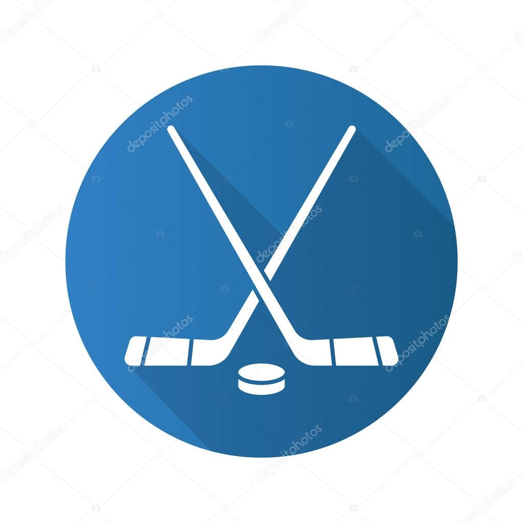 Hockey sticks and puck. Flat design long shadow icon. Hockey game equipment. Vector illustration
