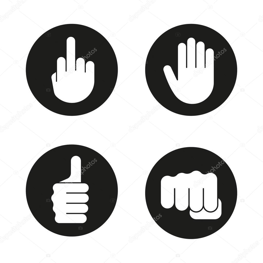 Hand gestures icons set. Middle finger up, palm, punch, thumbs up. Vector illustration