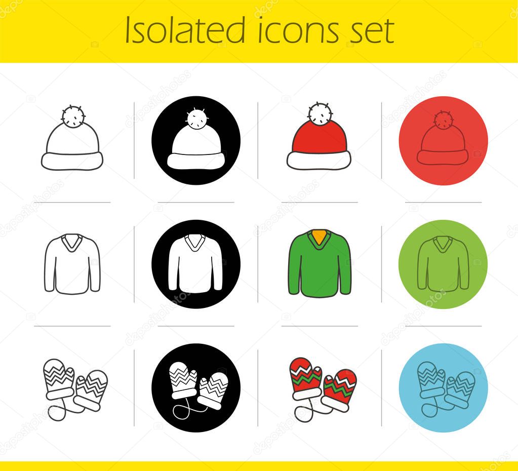 Winter clothes icons set. Linear, black and color styles. Santa Claus hat, sweater, mittens. Isolated vector illustration