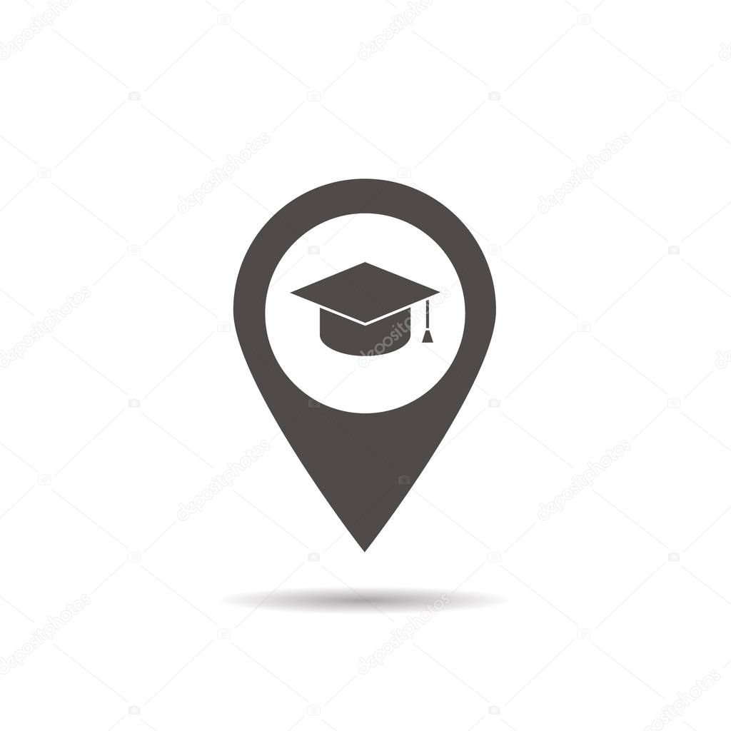 University location icon. Drop shadow map pointer silhouette symbol. Student's hat pinpoint. College nearby. Vector illustration