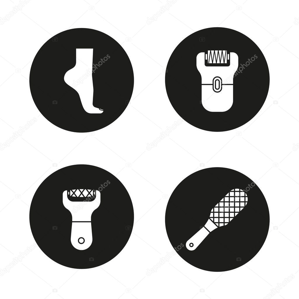 Feet care icons set. Woman's foot, file, rasp, epilator. Vector illustration