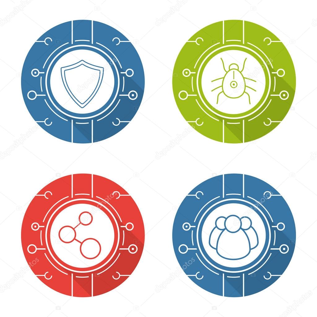 Cyber security flat design long shadow icons set. Digital connections, virus program, social network and cyber security shield. Vector illustration