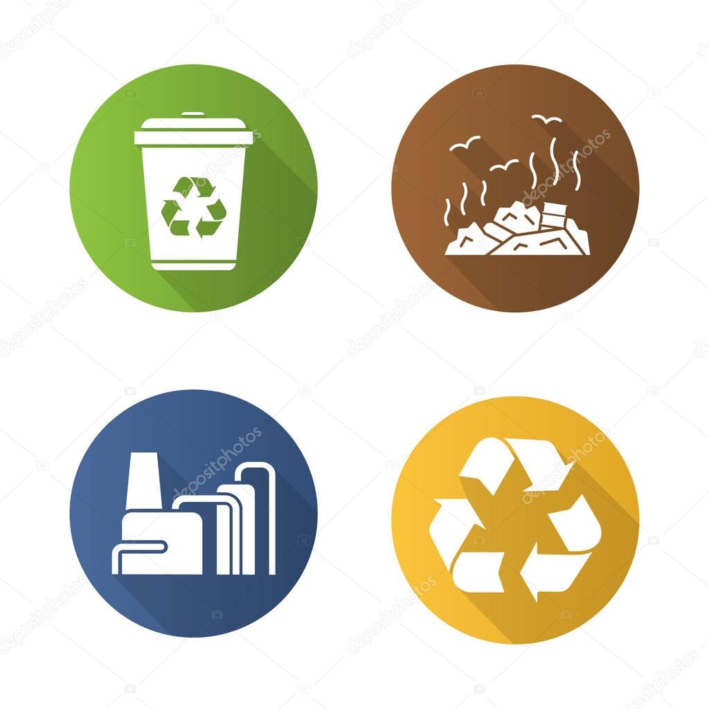 Waste management. Flat design long shadow icons set. Recycle bin symbol, rubbish dump, factory pollution. Environment protection. Vector illustration