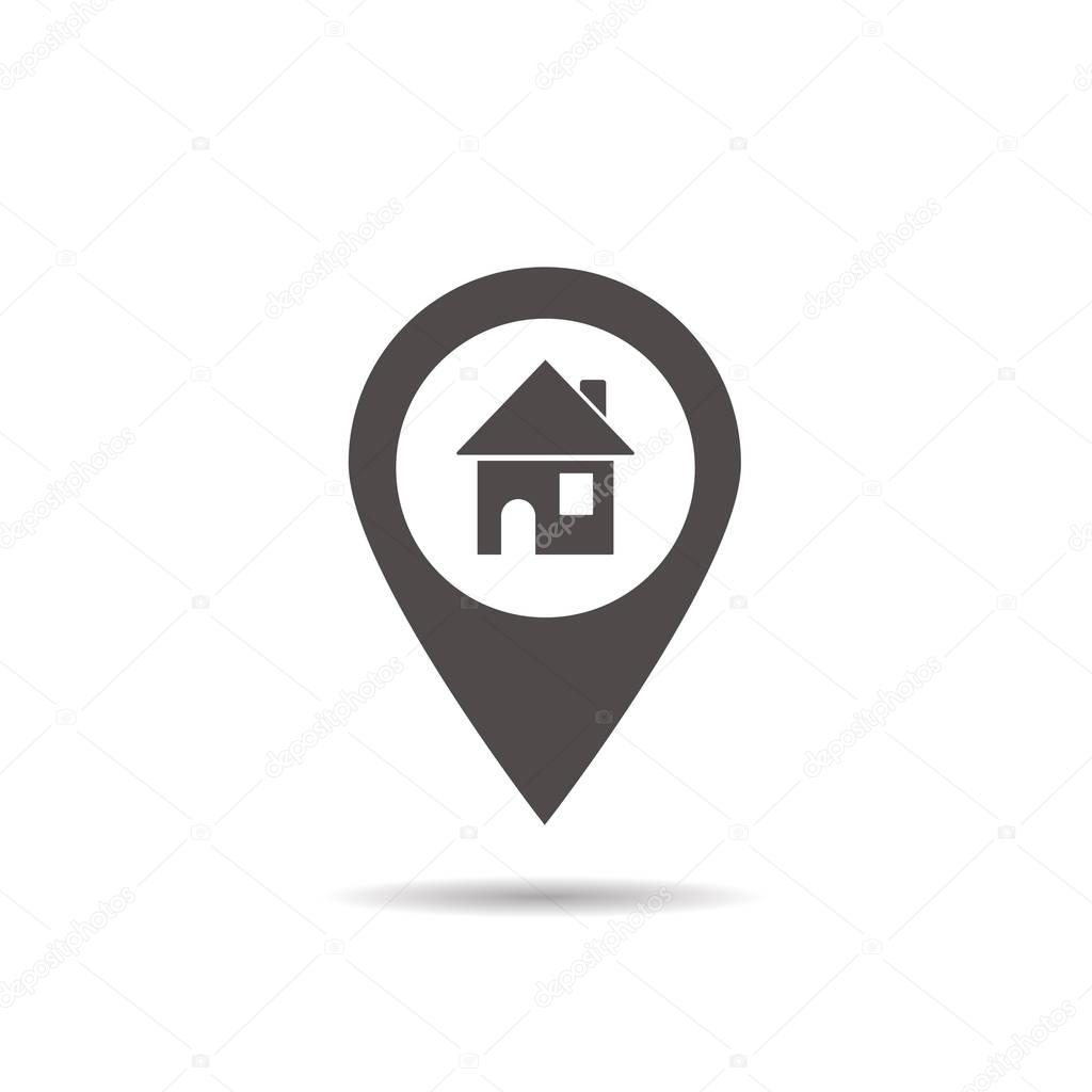 House location icon. Drop shadow map pointer silhouette symbol. Real estate pinpoint. Home nearby. Vector illustration