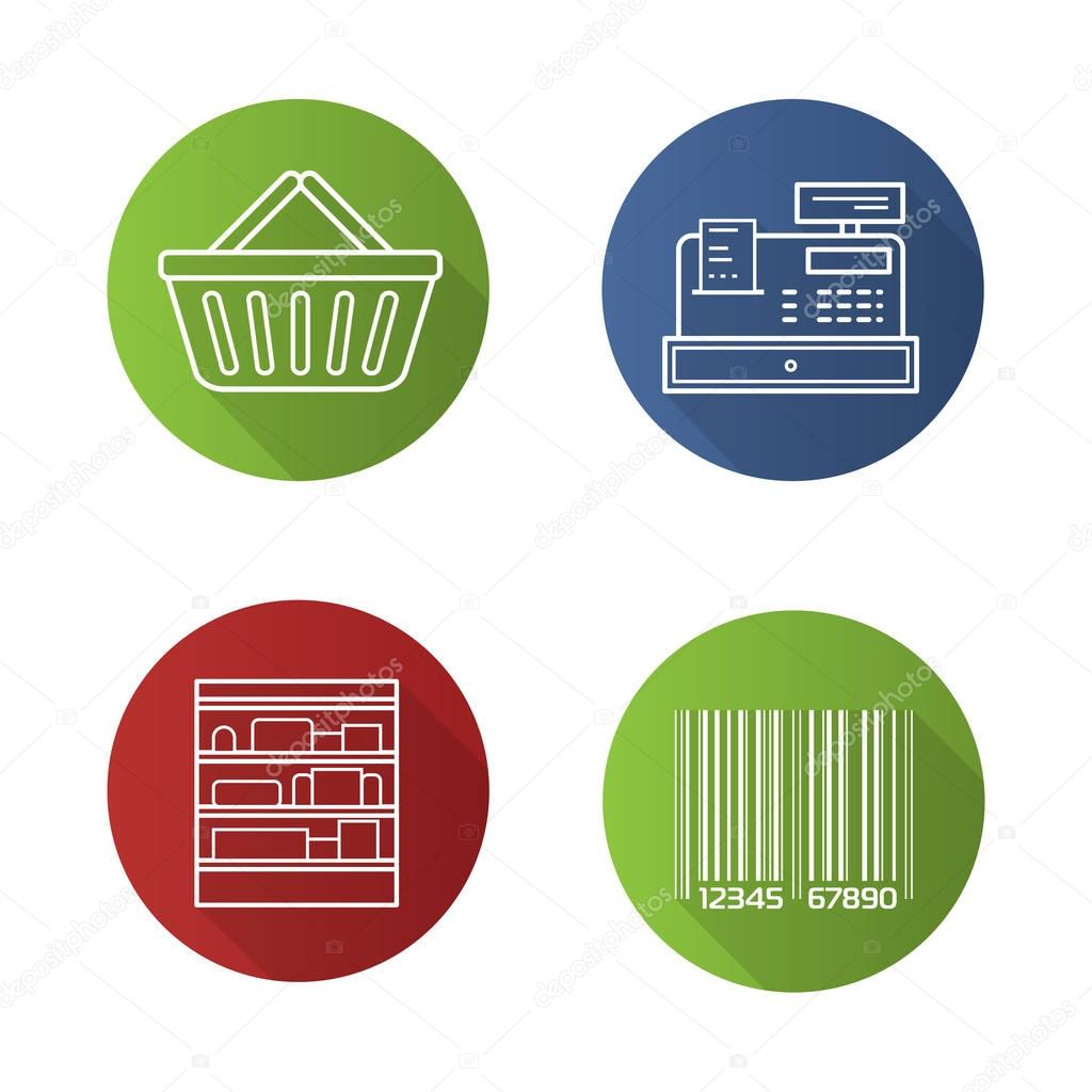 Supermarket flat linear long shadow icons set. Shopping basket, cash register, bar code, shop shelves. Grocery store items. Vector line illustration