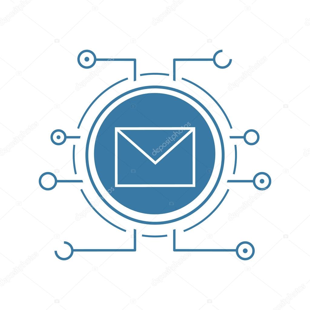 Email security flat linear long shadow icon. Sms message. Email letter with microchip pathways. Vector line symbol