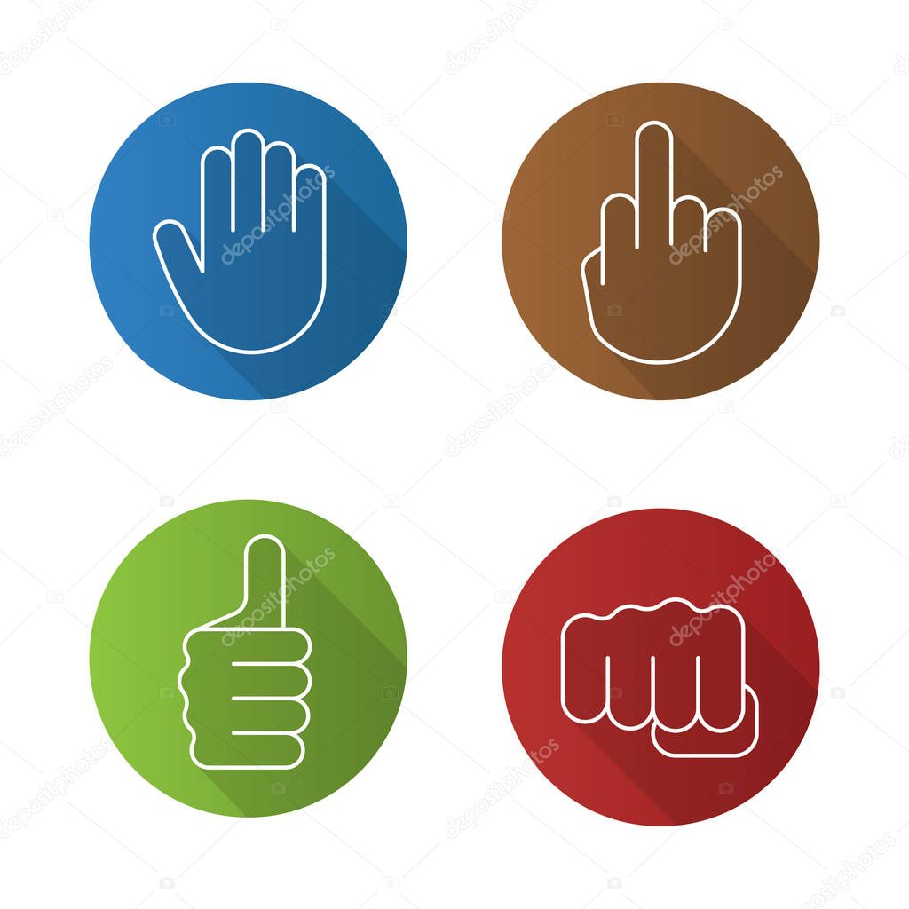 Hand gestures flat linear long shadow icons set. Middle finger up, palm, punch, thumbs up. Vector line illustration