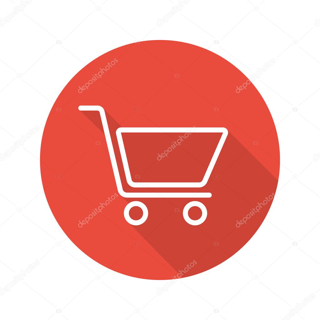 Shopping cart flat linear long shadow icon. Add to cart sign. Vector line symbol