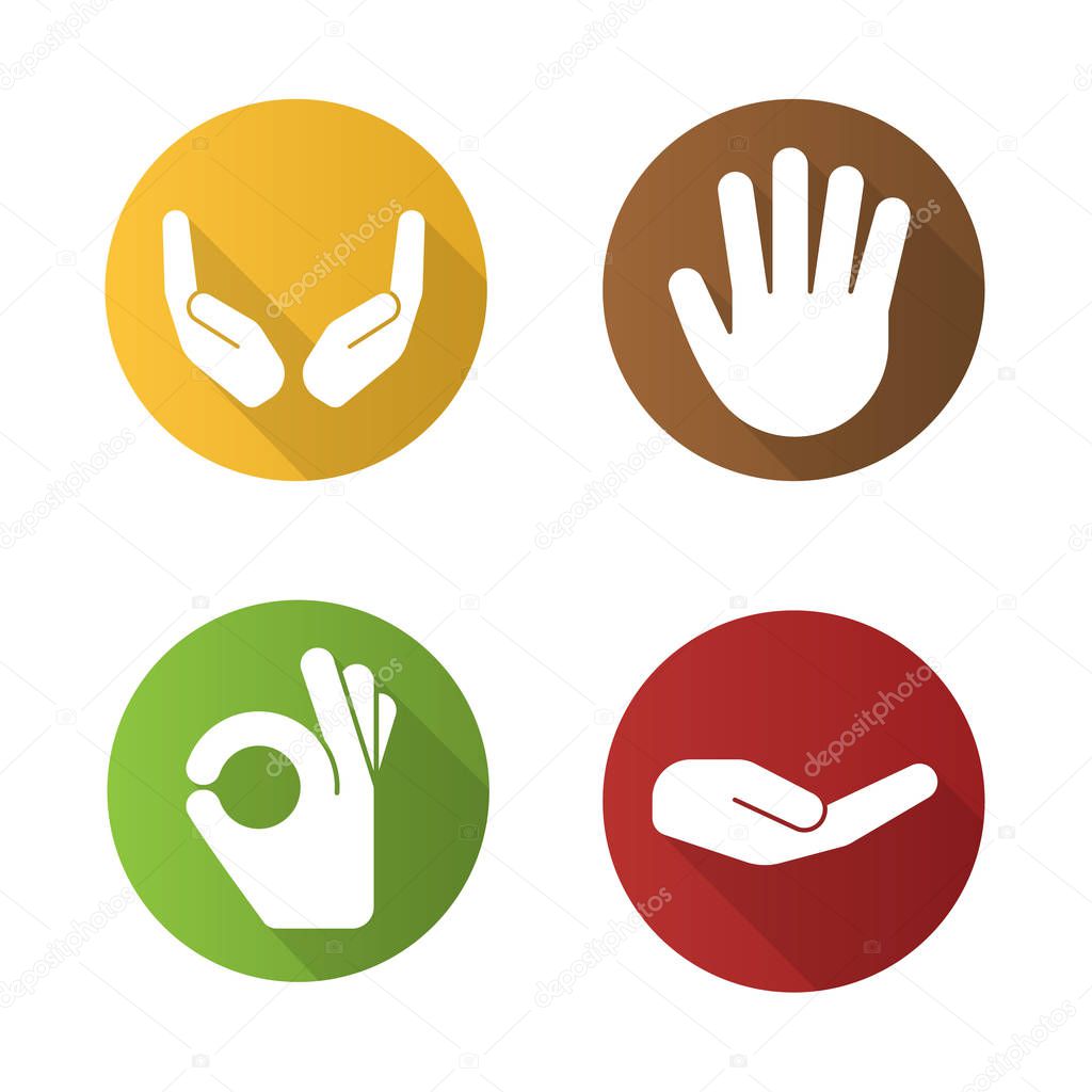 Hand gestures flat design long shadow icons set. Begging and cupped hands, palm, ok gesture. Vector silhouette illustration