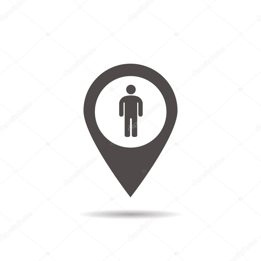 Men WC location icon. Drop shadow map pointer silhouette symbol. Boys restroom pinpoint. Vector isolated illustration