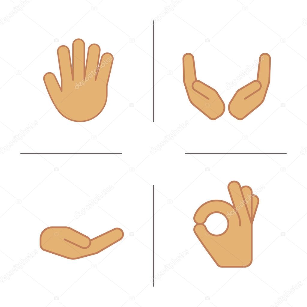 Hand gestures color icons set. Begging and cupped hands, palm, ok gesture. Isolated vector illustrations