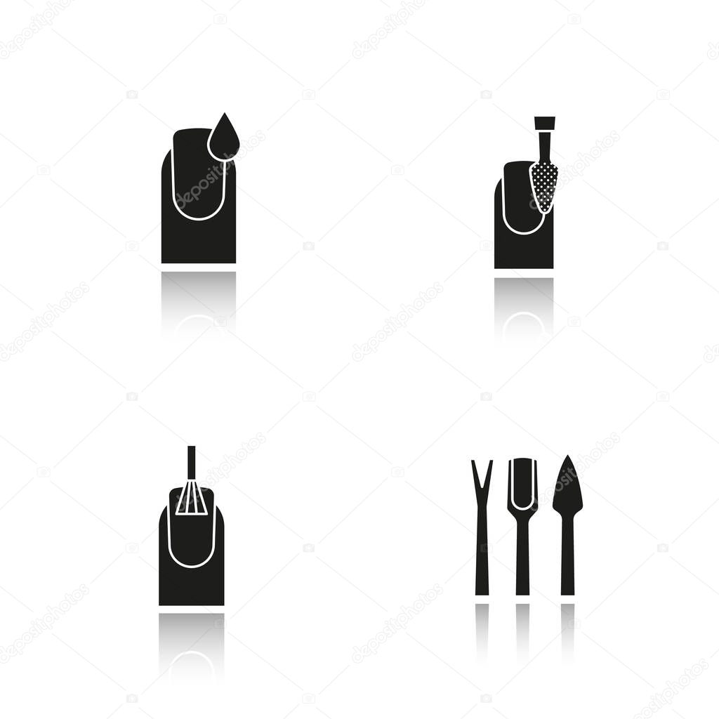 Manicure drop shadow black icons set. Nail polishing, cuticle pusher, trimmer and exfoliator. Fingernails with polish drop and brush. Isolated vector illustrations