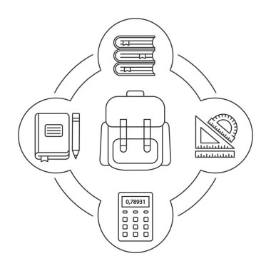 Öğrenci sırt çantası içeriği Icons set