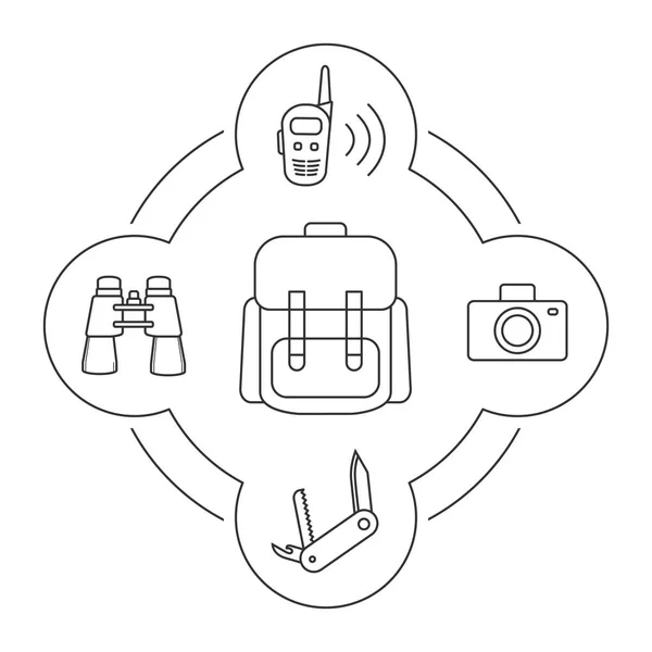 Turistens ryggsäck innehåll ikoner — Stock vektor