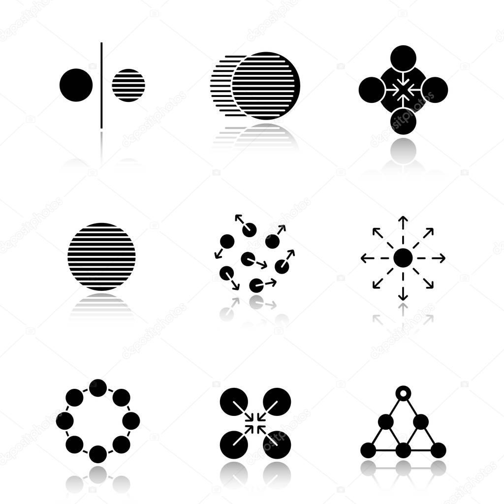 Abstract symbols black icons set. Opposite, movement, concentration, whole, chaos, spreading, circle, cooperative, hierarchy. Isolated vector illustrations