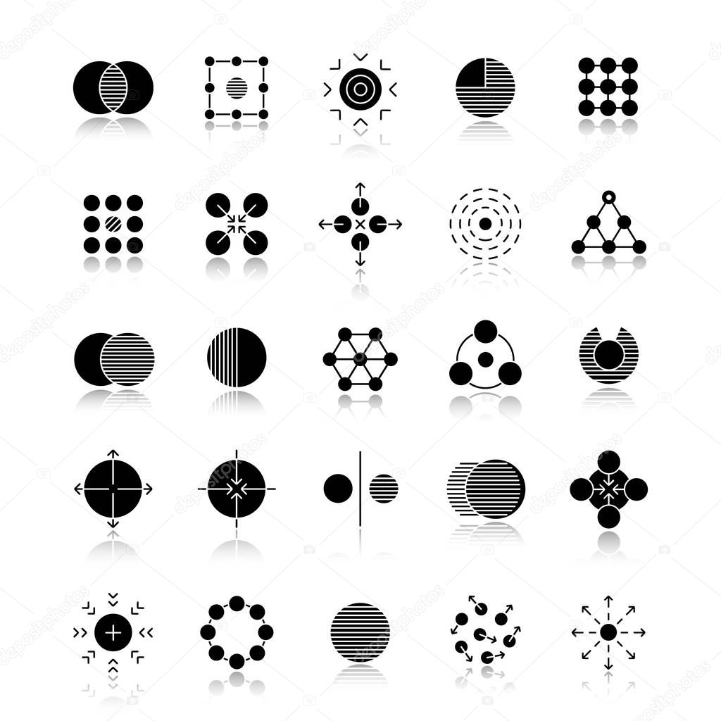 Abstract symbols black icons set. Logo ideas for business, science, IT industries. Half, connections, sharing, expansion, opposite, movement, concentration. Isolated vector illustrations