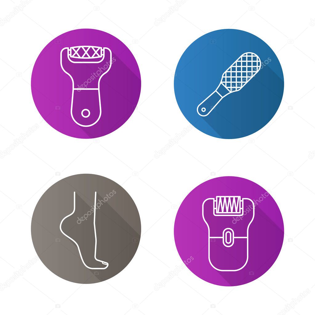 Feet care icons set. Woman's foot, file, rasp, epilator. Vector line illustration