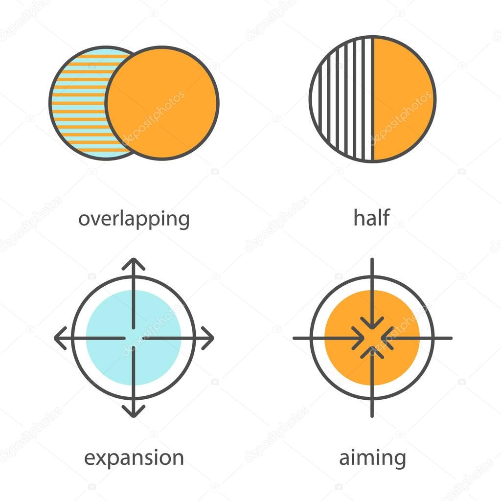 Abstract symbols color icons set. Overlapping, half, aiming, expansion concepts. Isolated vector illustrations
