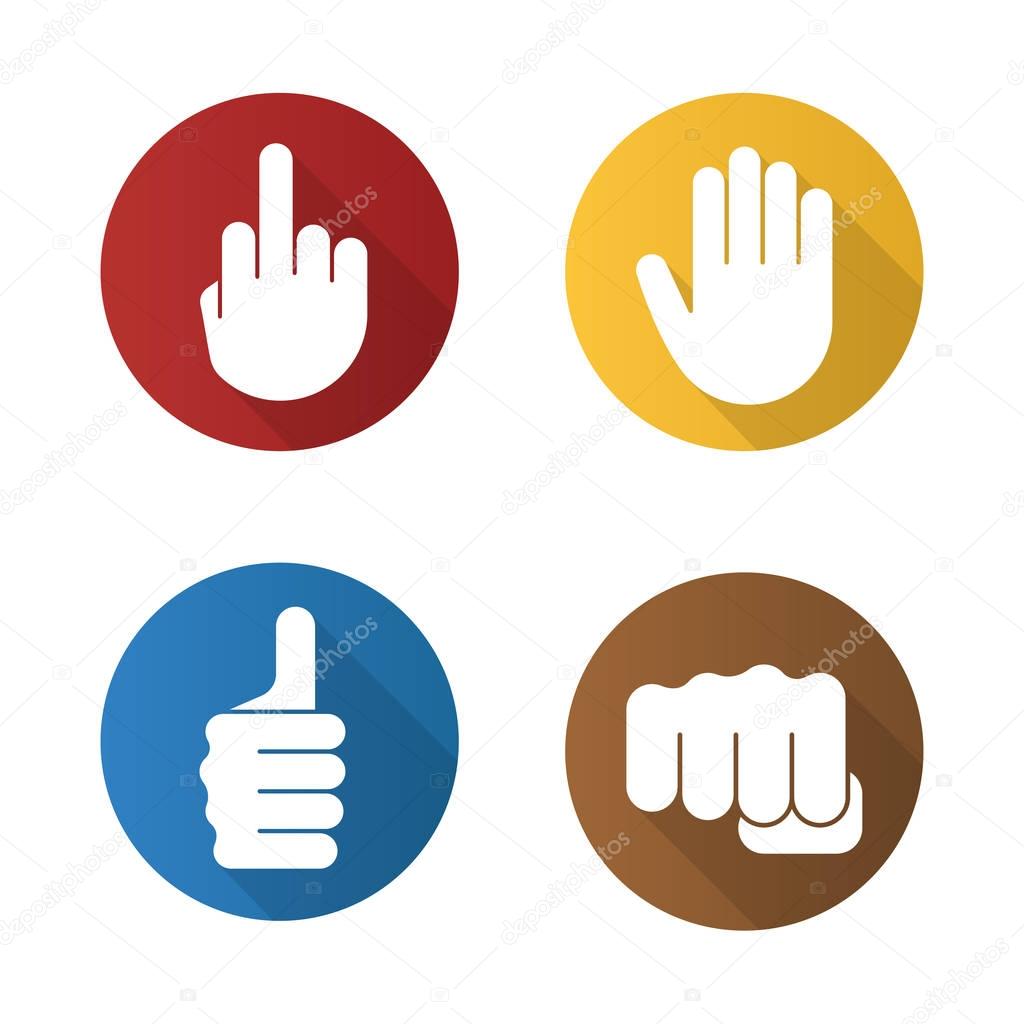 Hand gestures icons set. Middle finger up, palm, punch, thumbs up. Vector silhouette illustration