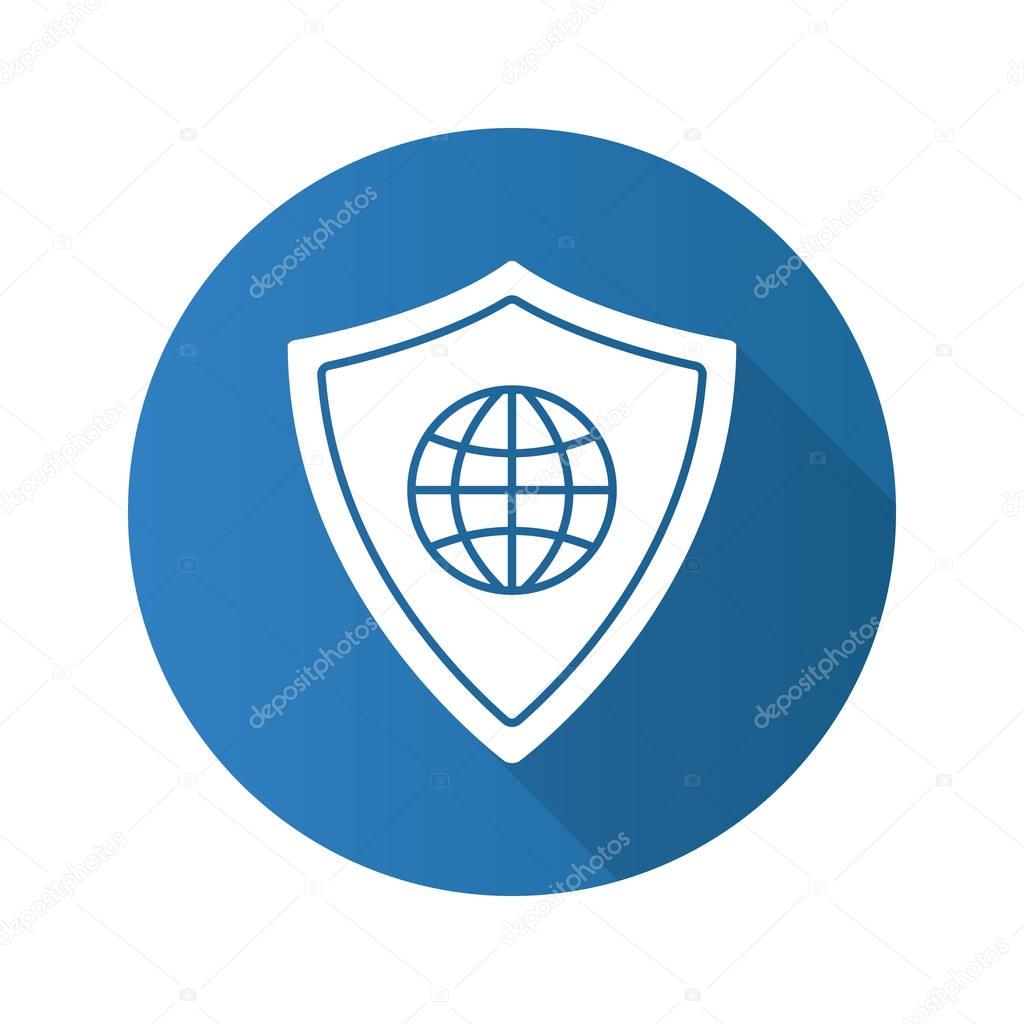Network security flat design long shadow glyph icon. Protection shield with globe model. Vector silhouette illustration