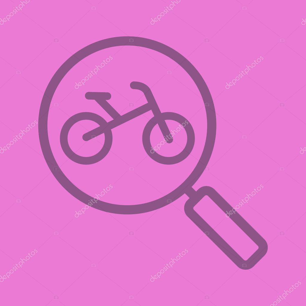 Bike for rent search color linear icon. Magnifying glass with bicycle. Thin line outline symbols on color background. Vector illustration