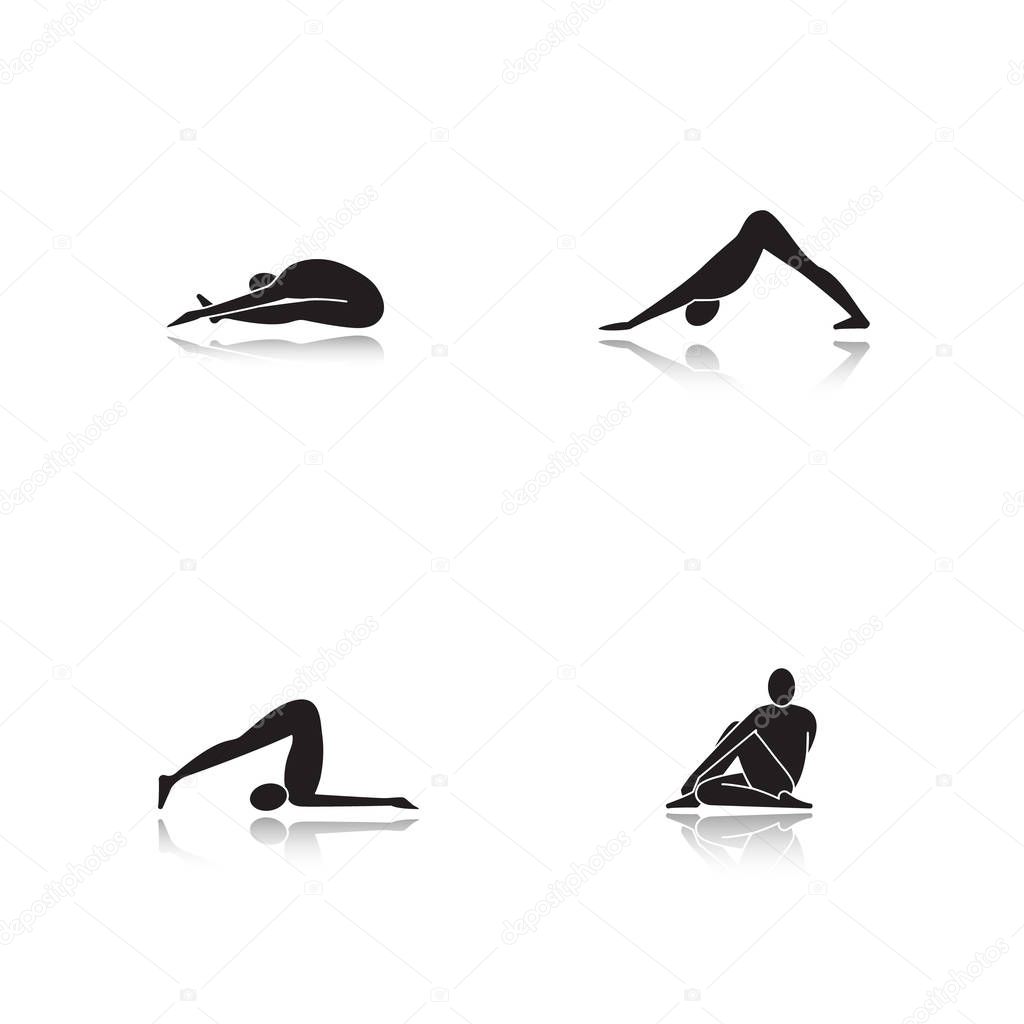 Yoga asanas drop shadow black glyph icons set. Paschimottanasana, halasana, adho mukha svanasana, ardha matsyendrasana yoga positions. Isolated vector illustrations