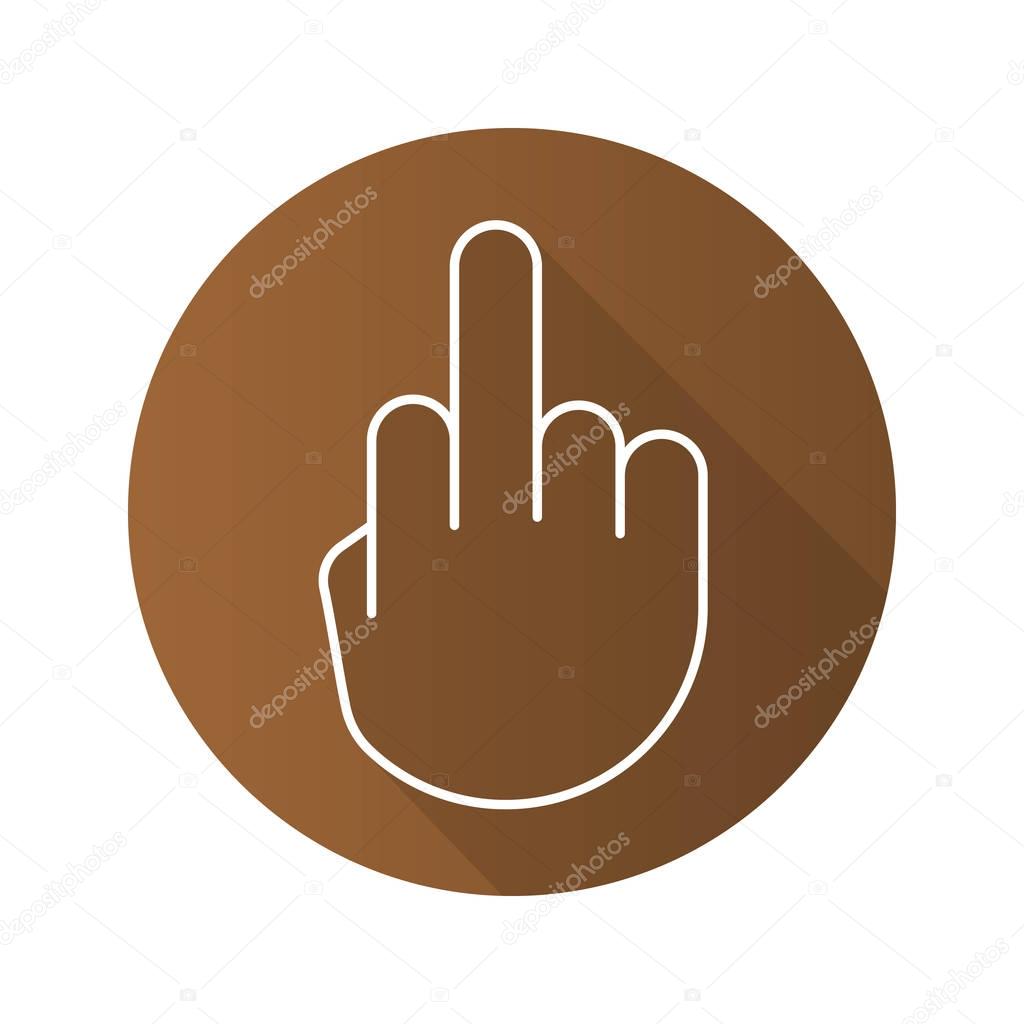 Middle finger up flat linear long shadow icon. Flipping hand gesture. Vector outline symbol