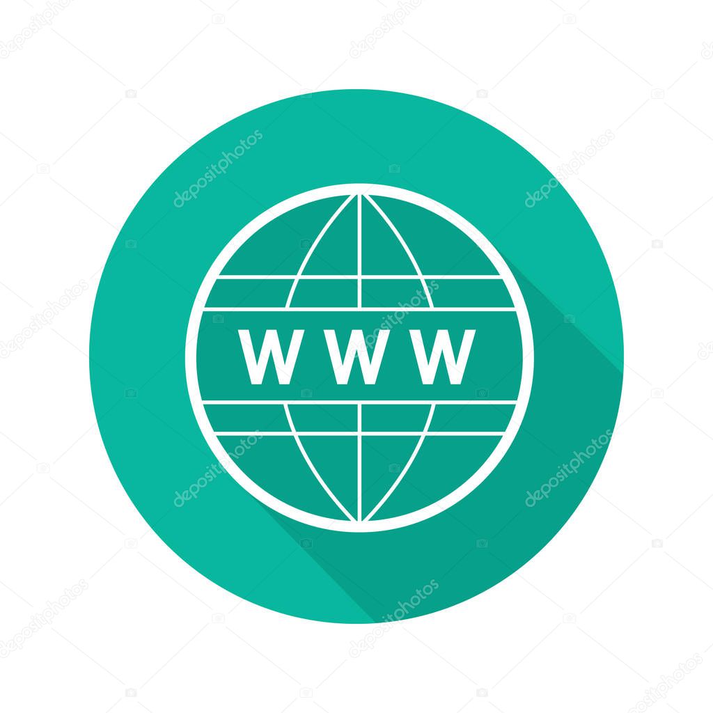 Global network flat linear long shadow icon. Internet connection. Www globe. Vector outline symbol