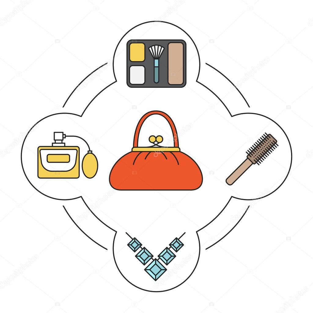Woman's purse contents icons 