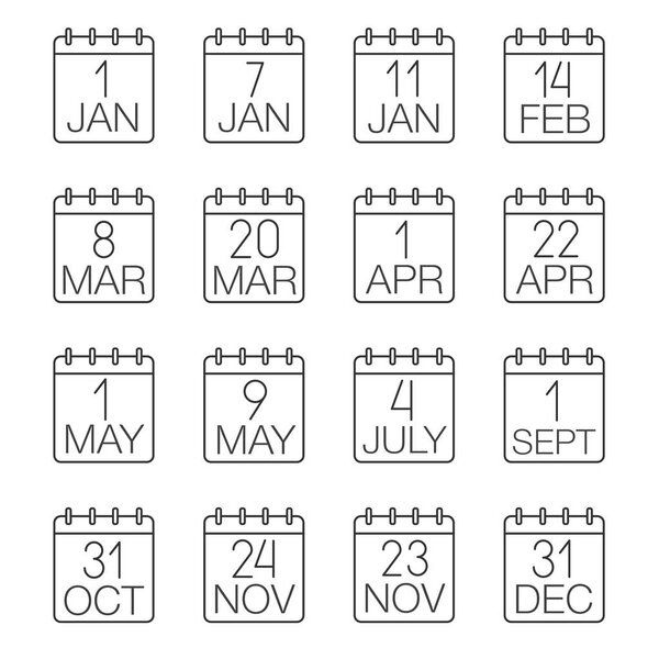 Holidays calendar linear icons set