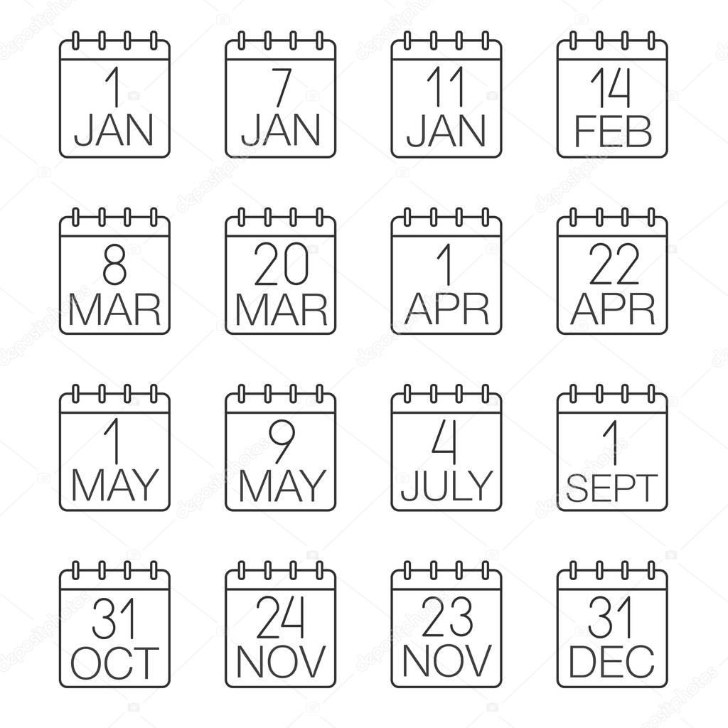 Holidays calendar linear icons set