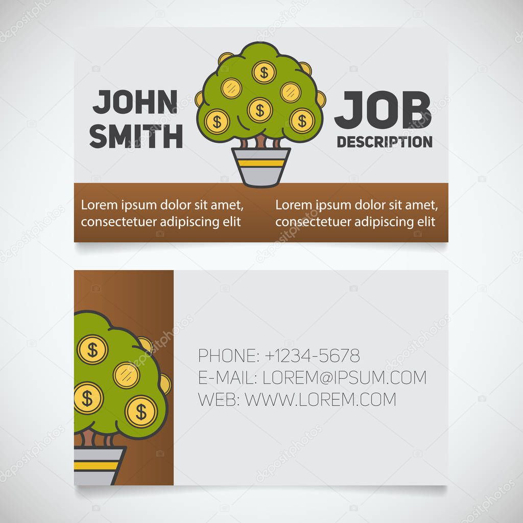 Business card print template with money tree logo. Manager. Businessman. Investor. Stationery design concept. Vector illustration