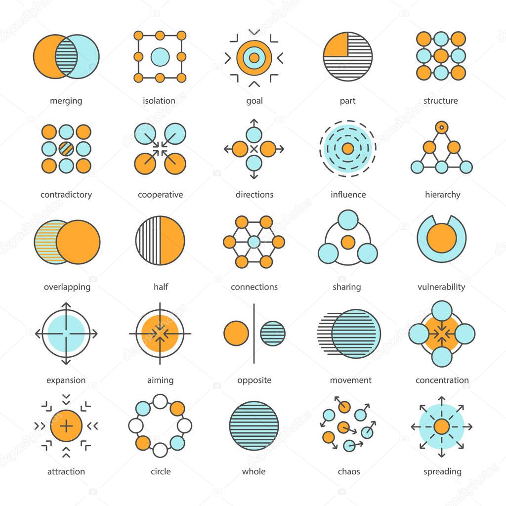 Abstract symbols color icons set. Logo ideas for business, science, IT industries. Half, connections, sharing, expansion, opposite, movement, concentration, spreading. Isolated vector illustrations