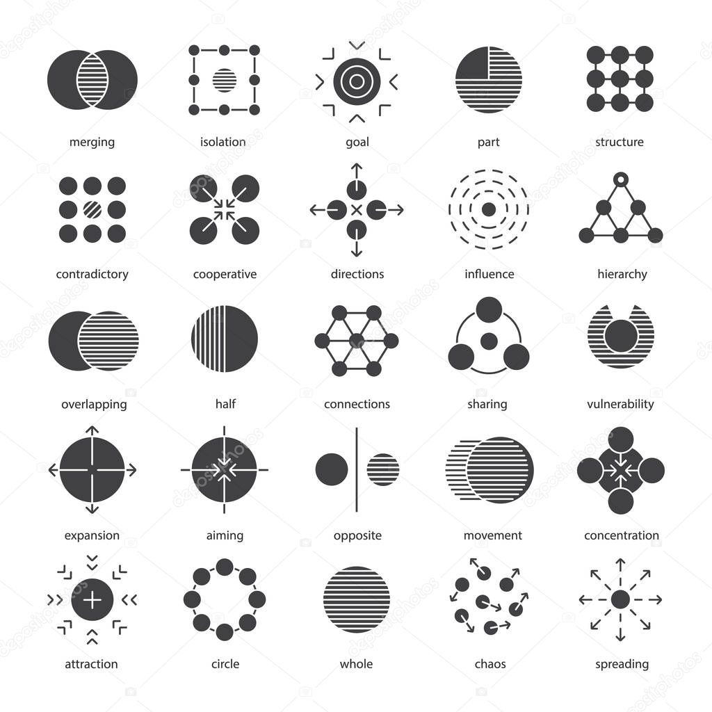 Abstract symbols glyph icons set. Silhouette symbols. Logo ideas for business, science, IT industries. Connections, sharing, expansion, opposite, movement, concentration. Vector isolated illustration