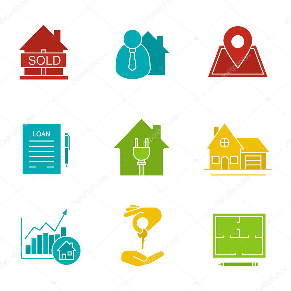 Real estate market glyph color icon set. Sold house, broker, loan, agreement, cottage, floor plan, house for sale, chart. Silhouette symbols on white backgrounds. Negative space. Vector illustrations